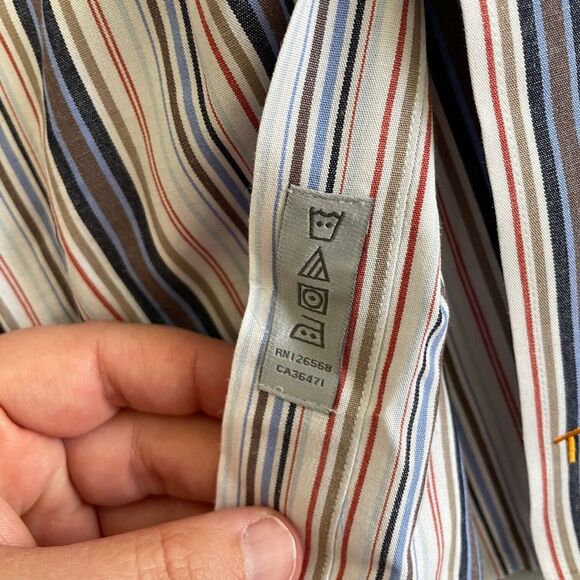 Thomas Dean Shirt Mens Large L Striped Button Up Flip Cuff Shirtmakers Cloth - Picture 9 of 9